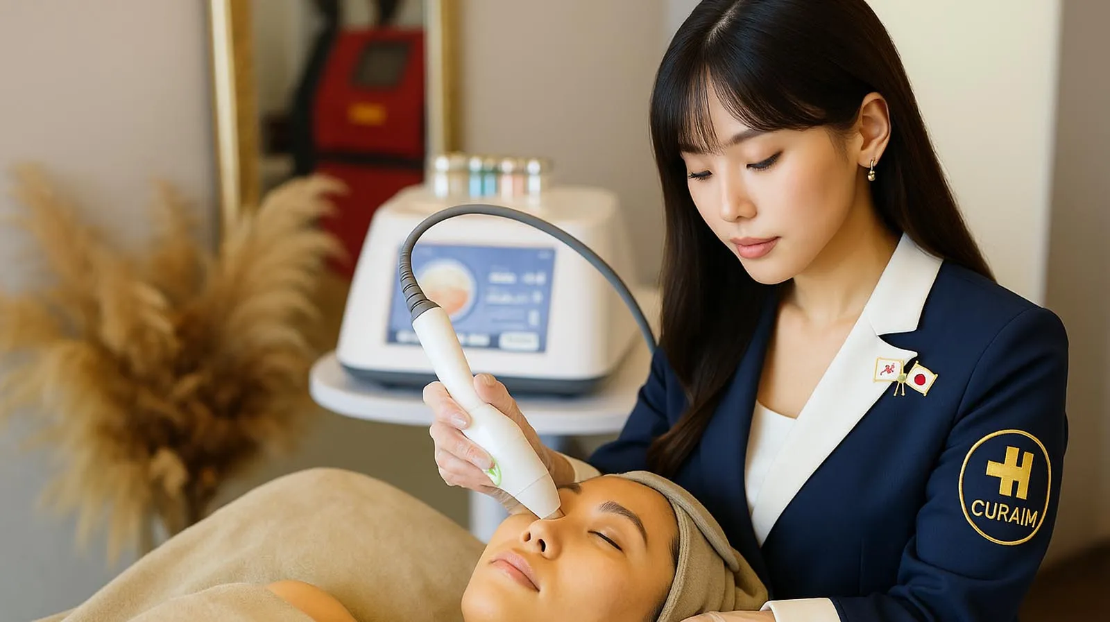 CURAIMプラズマ機器でフェイシャル施術を行う様子