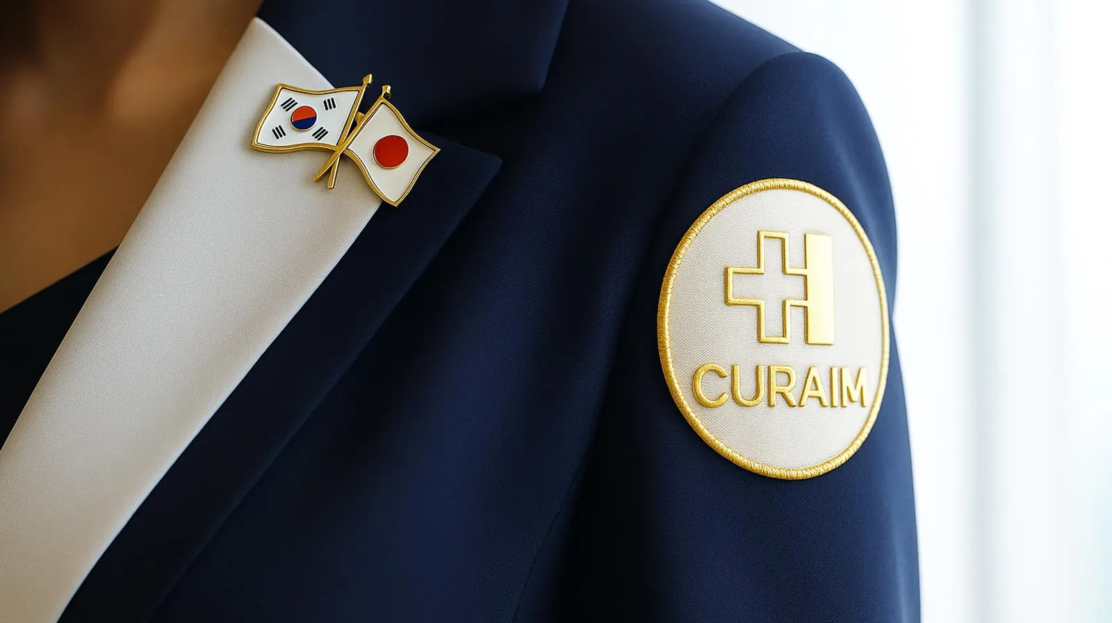 CURAIMロゴ入り制服と日韓国旗バッジのクローズアップ