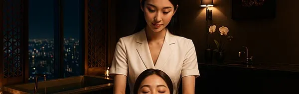 夜間スパ空間でフェイシャル施術を受ける女性